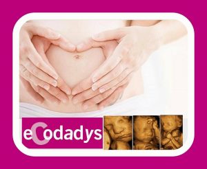 Cartel de Ecodadys con mujer y hombre haciendo un corazón con las manos en vientre de mujer